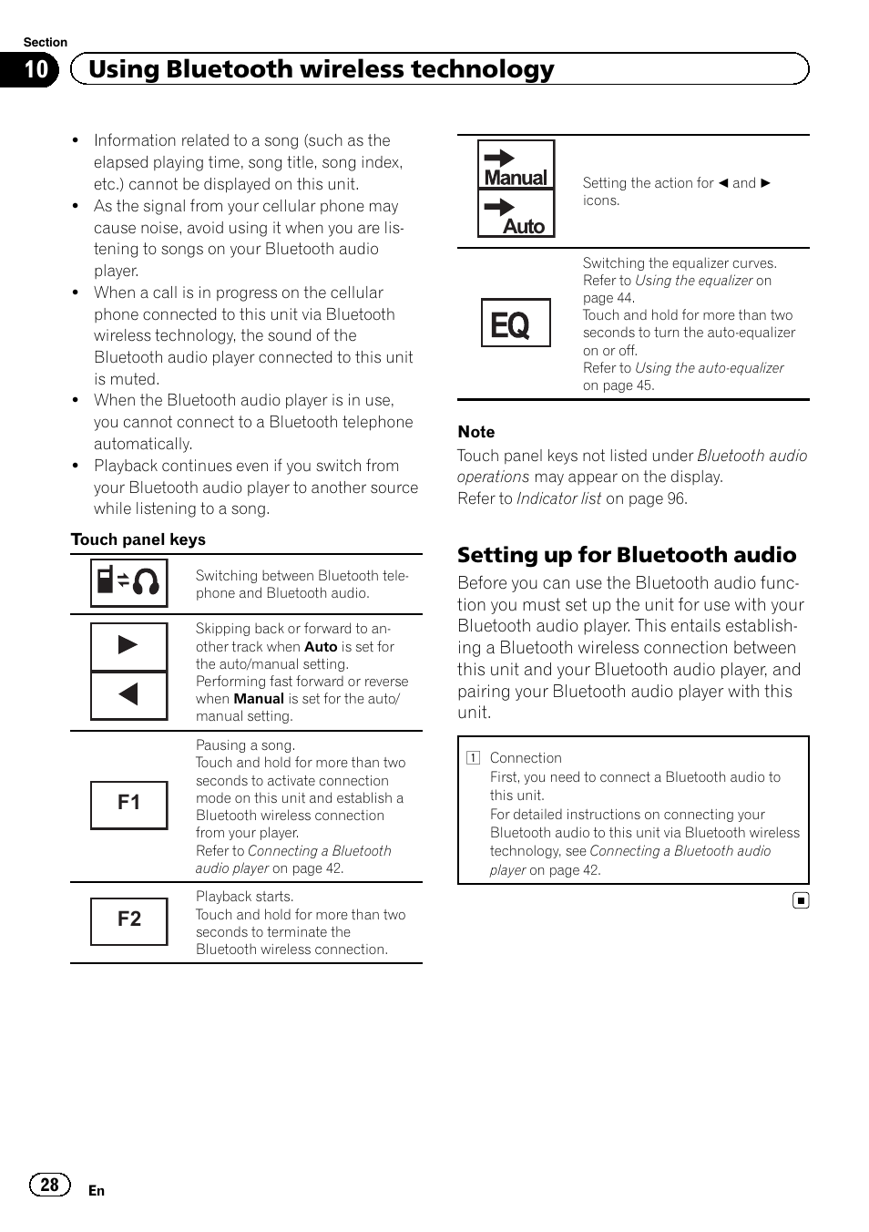 10 using bluetooth wireless technology, Setting up for bluetooth audio, Auto | Pioneer AVH-P3400DVD User Manual | Page 28 / 112