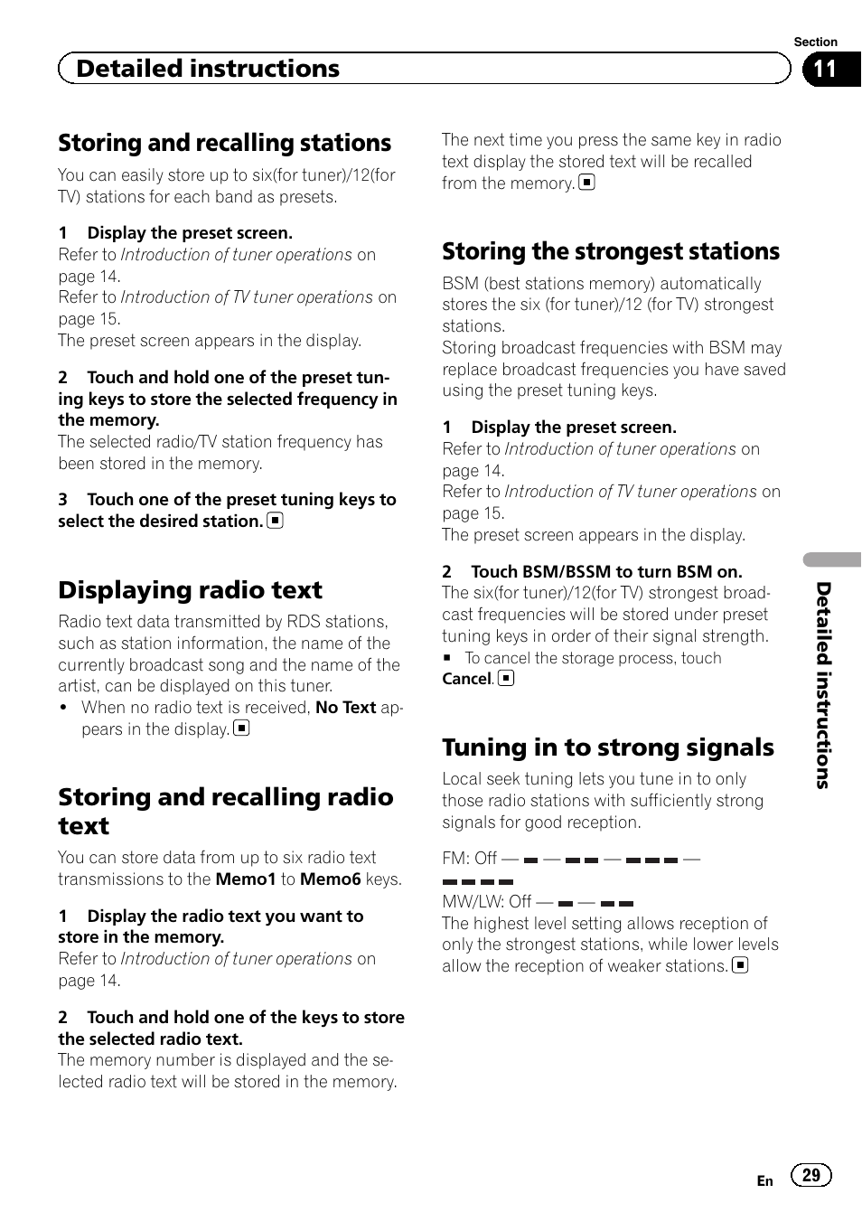 Displaying radio text, Storing and recalling radio text, Storing the strongest stations | Tuning in to strong signals, Storing and recalling stations, Detailed instructions | Pioneer AVH-P3400DVD User Manual | Page 29 / 112
