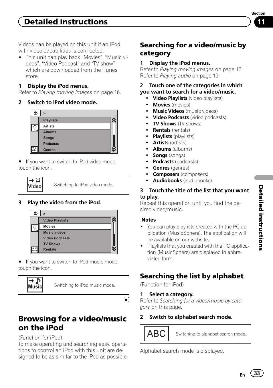 Browsing for a video/music on the ipod, Searching for a video/music by category, Searching the list by alphabet | Detailed instructions | Pioneer AVH-P3400DVD User Manual | Page 33 / 112