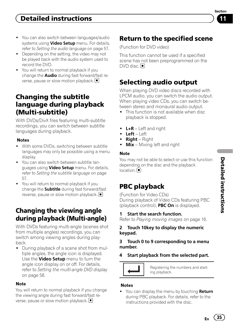 Changing the subtitle language during, Playback (multi-subtitle), Changing the viewing angle during playback | Multi-angle), Return to the specified scene, Selecting audio output, Pbc playback, Detailed instructions | Pioneer AVH-P3400DVD User Manual | Page 35 / 112