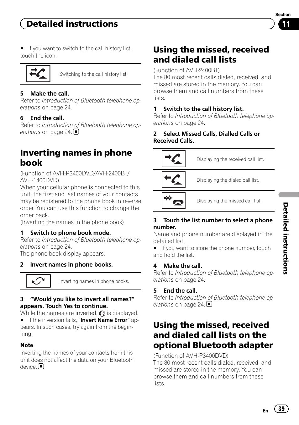 Inverting names in phone book, Using the missed, received and dialed call, Lists | Lists on the optional bluetooth adapter, Using the missed, received and dialed call lists, Detailed instructions | Pioneer AVH-P3400DVD User Manual | Page 39 / 112