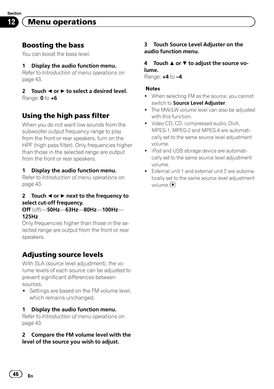 12 menu operations, Boosting the bass, Using the high pass filter | Adjusting source levels | Pioneer AVH-P3400DVD User Manual | Page 46 / 112