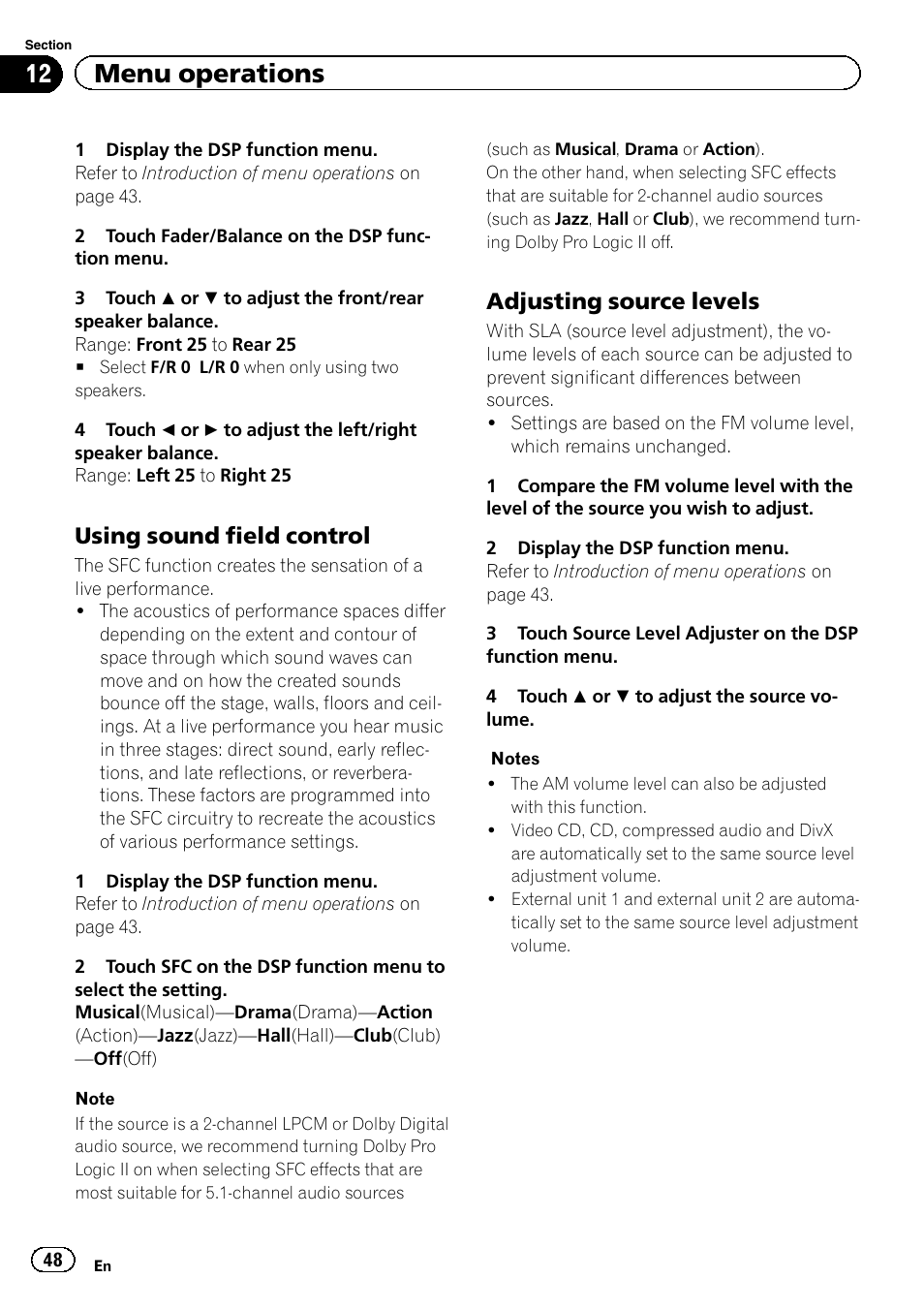 12 menu operations, Using sound field control, Adjusting source levels | Pioneer AVH-P3400DVD User Manual | Page 48 / 112