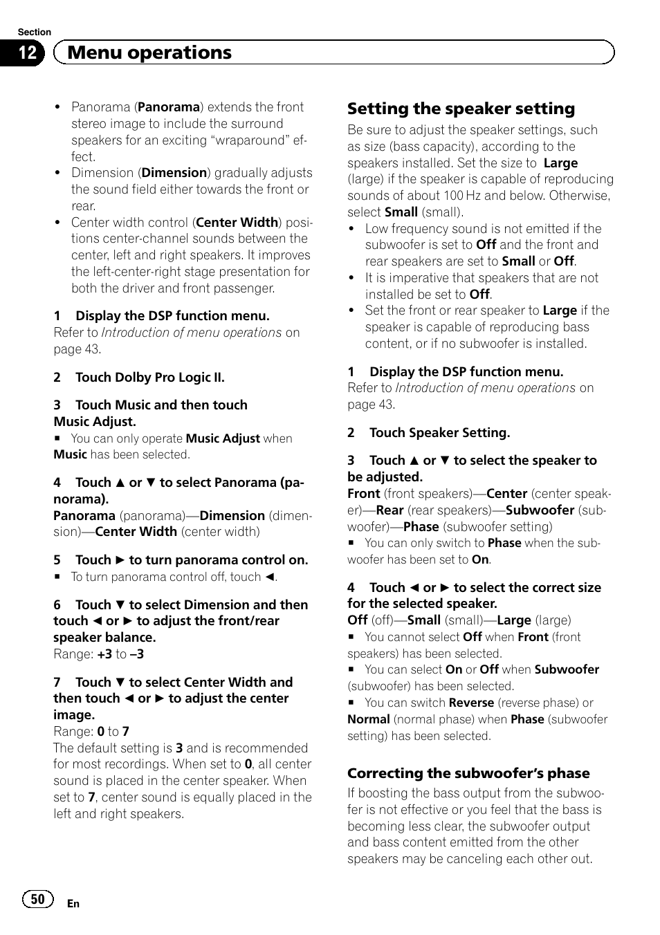 Setting the speaker setting, 12 menu operations | Pioneer AVH-P3400DVD User Manual | Page 50 / 112