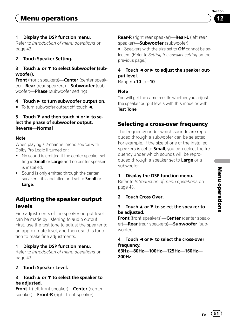 Selecting a cross-over frequency, Adjusting the speaker output levels, Menu operations | Pioneer AVH-P3400DVD User Manual | Page 51 / 112