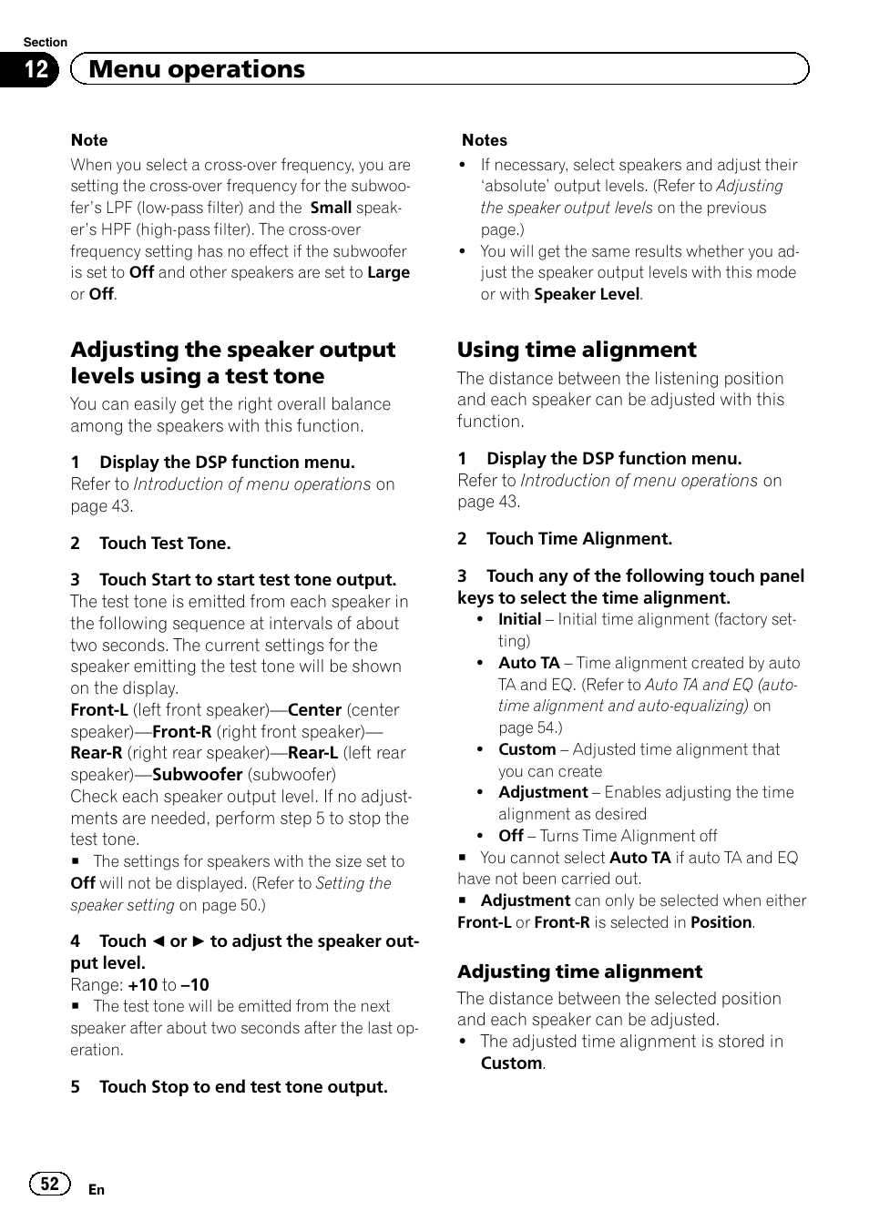 Adjusting time alignment, 12 menu operations, Using time alignment | Pioneer AVH-P3400DVD User Manual | Page 52 / 112