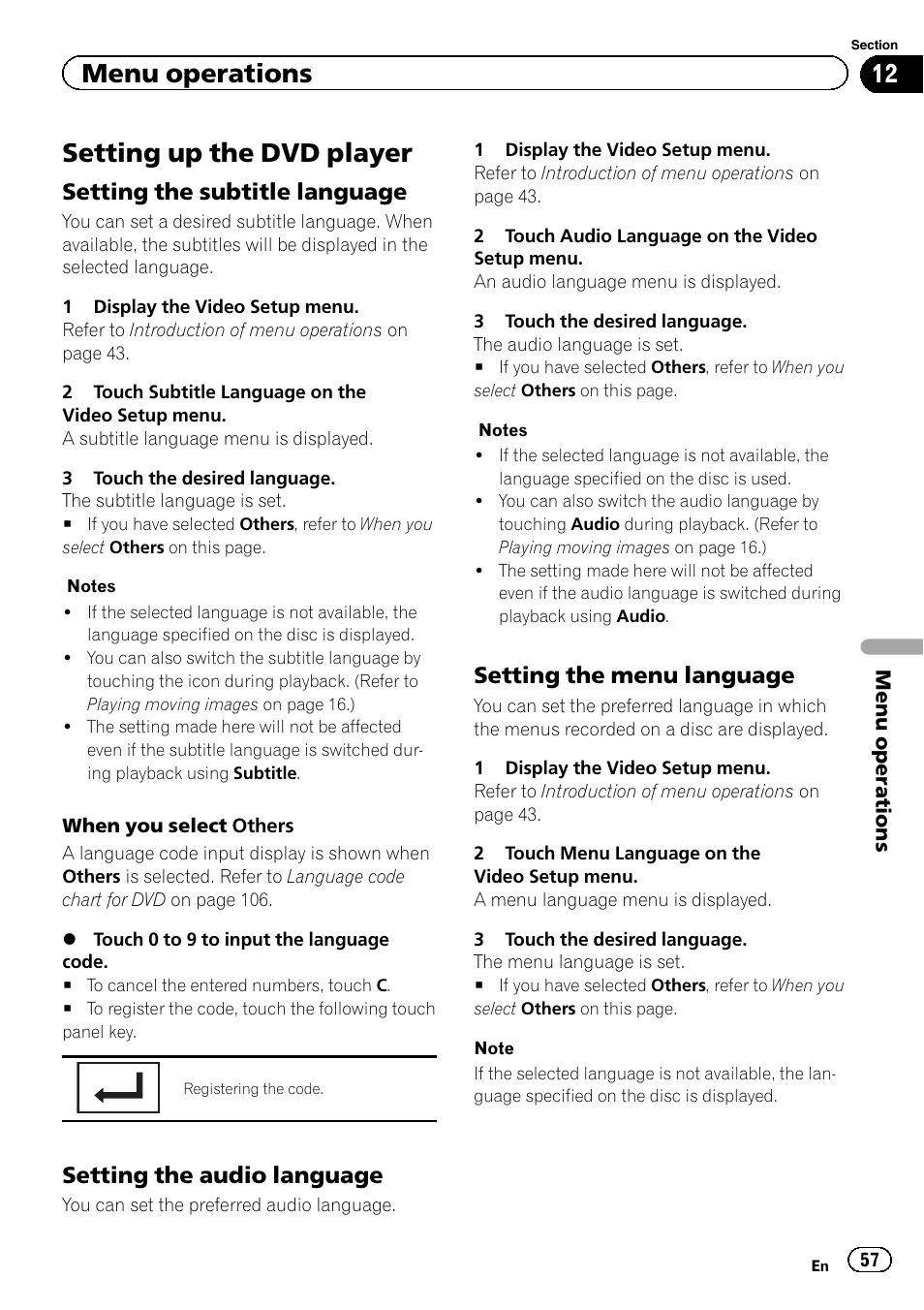 Setting up the dvd player, Menu operations, Setting the subtitle language | Setting the audio language, Setting the menu language | Pioneer AVH-P3400DVD User Manual | Page 57 / 112