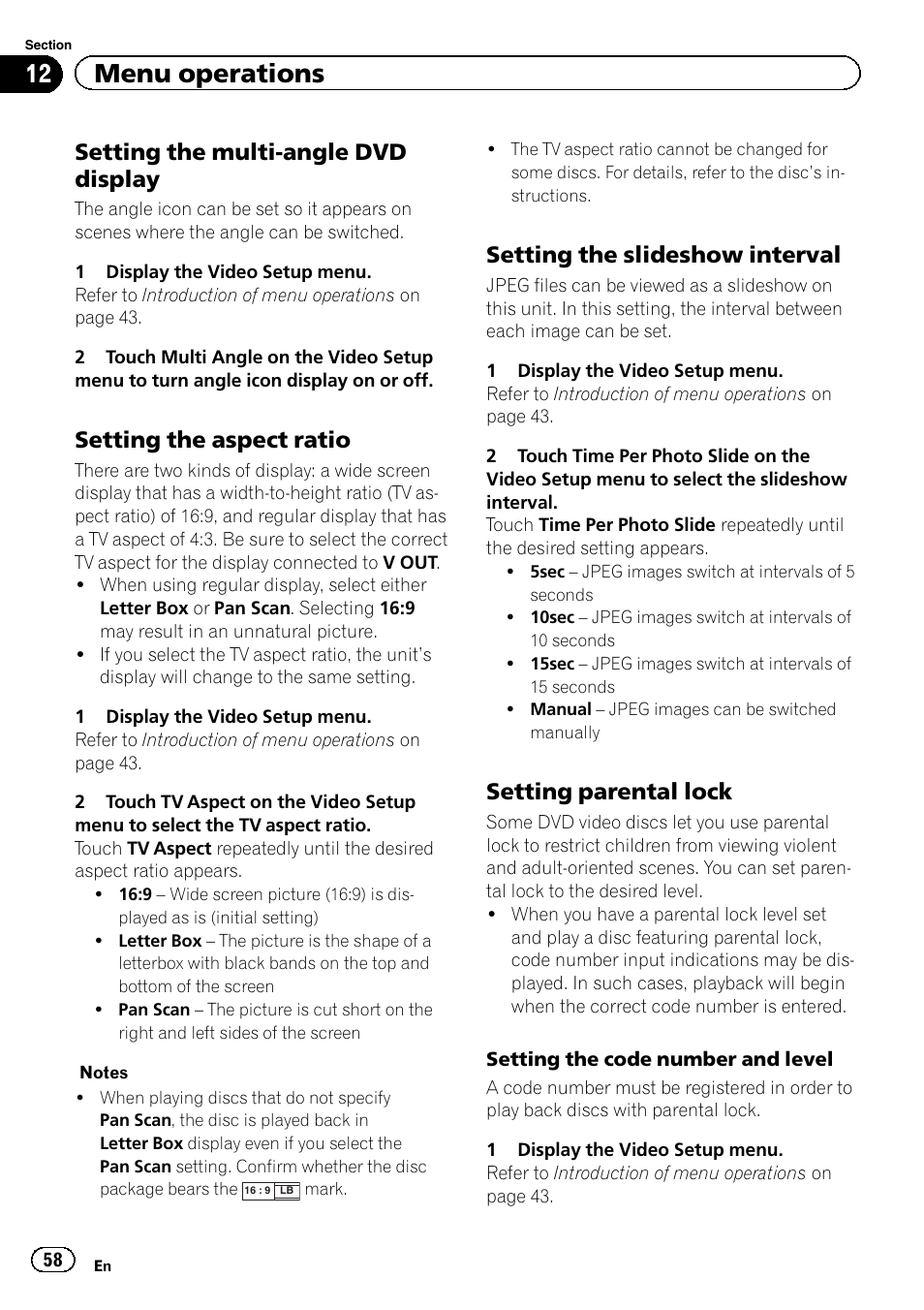 12 menu operations, Setting the multi-angle dvd display, Setting the aspect ratio | Setting the slideshow interval, Setting parental lock | Pioneer AVH-P3400DVD User Manual | Page 58 / 112