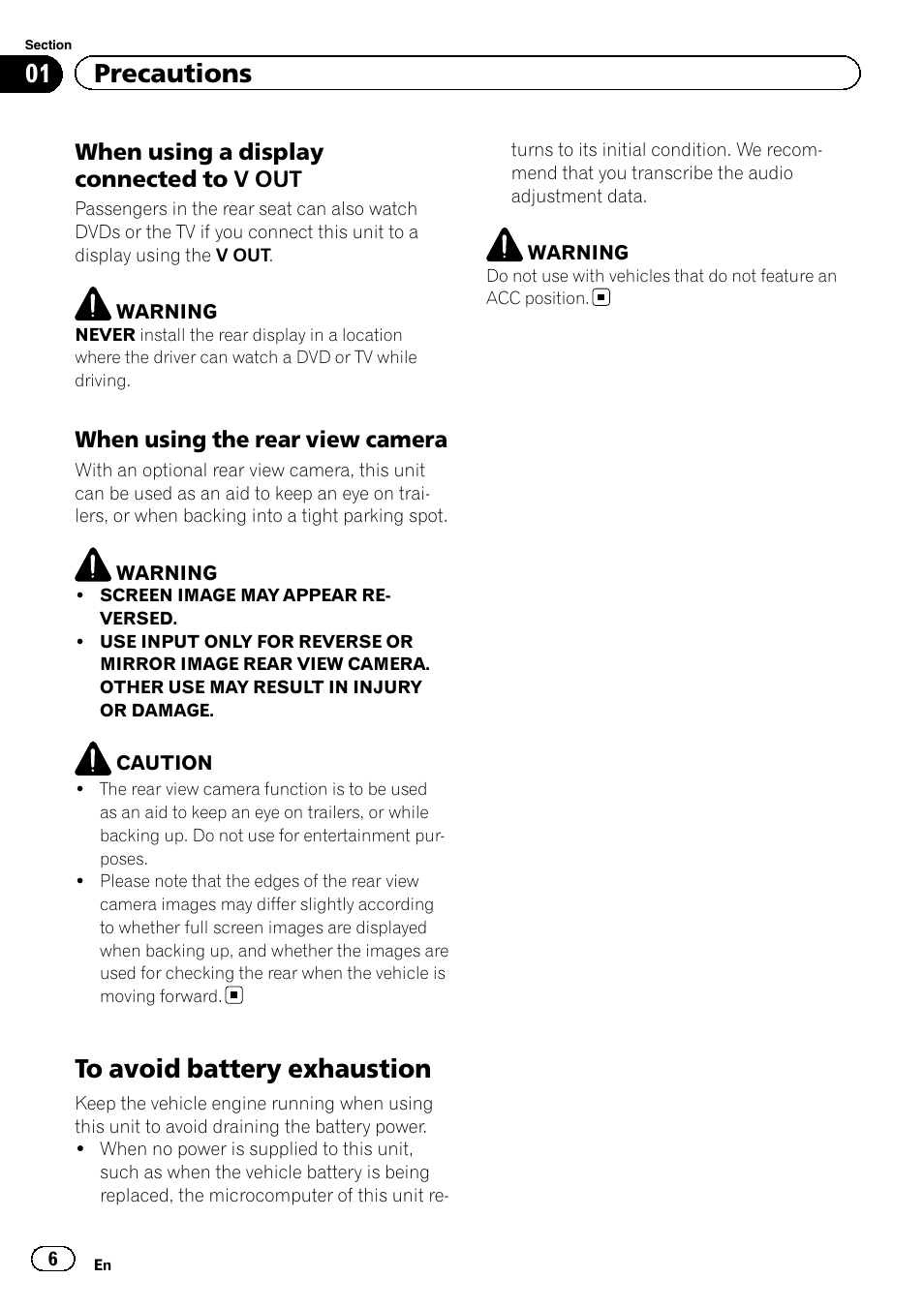 To avoid battery exhaustion, 01 precautions | Pioneer AVH-P3400DVD User Manual | Page 6 / 112