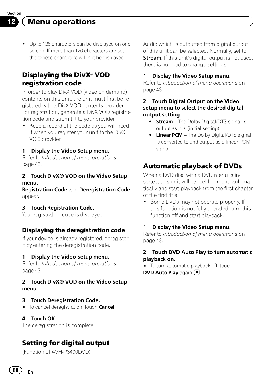 Displaying the divx, 12 menu operations, Vod registration code | Setting for digital output, Automatic playback of dvds | Pioneer AVH-P3400DVD User Manual | Page 60 / 112