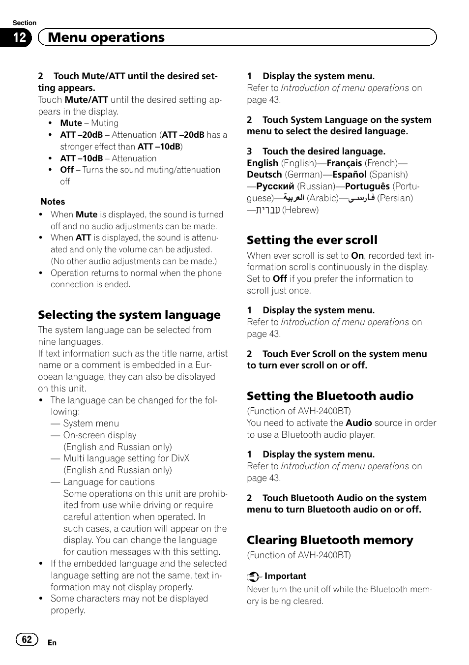 12 menu operations, Selecting the system language, Setting the ever scroll | Setting the bluetooth audio | Pioneer AVH-P3400DVD User Manual | Page 62 / 112
