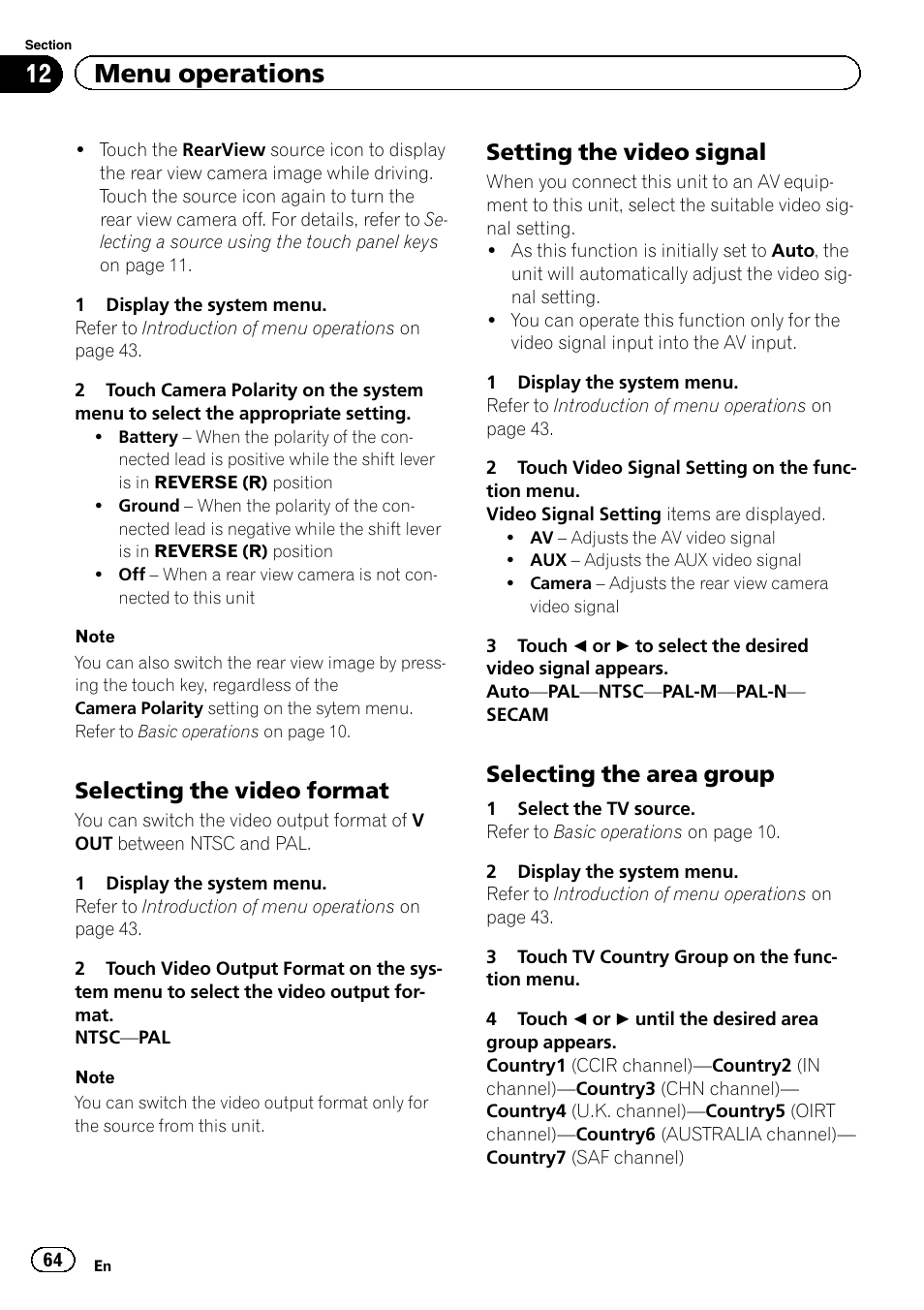 12 menu operations, Selecting the video format, Setting the video signal | Selecting the area group | Pioneer AVH-P3400DVD User Manual | Page 64 / 112