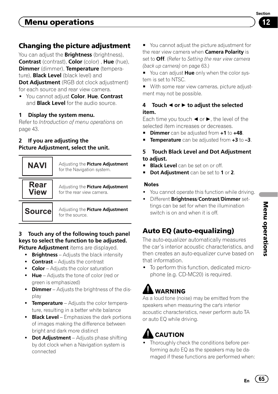 Navi, Rear view, Source | Menu operations, Changing the picture adjustment, Auto eq (auto-equalizing) | Pioneer AVH-P3400DVD User Manual | Page 65 / 112