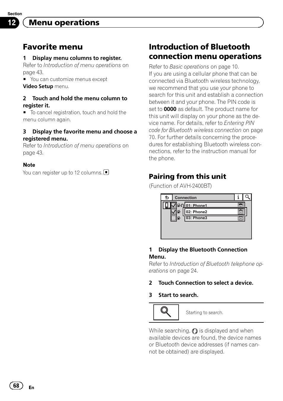 Favorite menu, Introduction of bluetooth connection menu, Operations | 12 menu operations, Pairing from this unit | Pioneer AVH-P3400DVD User Manual | Page 68 / 112