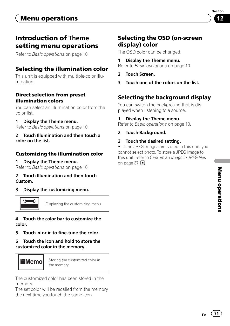 Introduction of theme setting menu, Operations, Select | Introduction of theme setting menu operations, Menu operations, Selecting the illumination color, Selecting the osd (on-screen display) color, Selecting the background display | Pioneer AVH-P3400DVD User Manual | Page 71 / 112