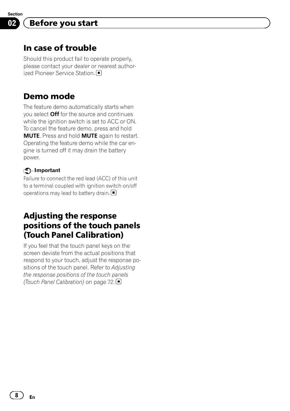 In case of trouble, Demo mode, Adjusting the response positions of the | Touch panels (touch panel calibration), 02 before you start | Pioneer AVH-P3400DVD User Manual | Page 8 / 112