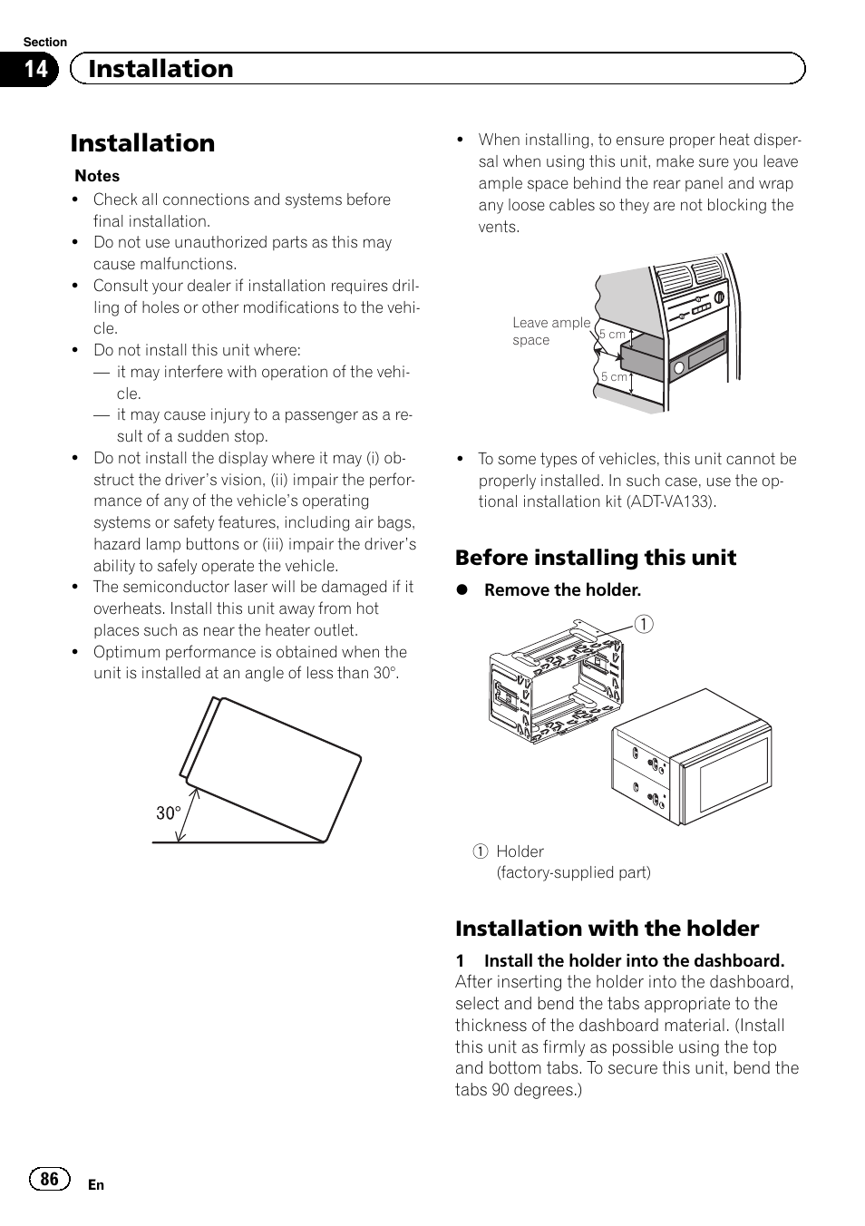 Installation, 14 installation, Before installing this unit | Installation with the holder | Pioneer AVH-P3400DVD User Manual | Page 86 / 112