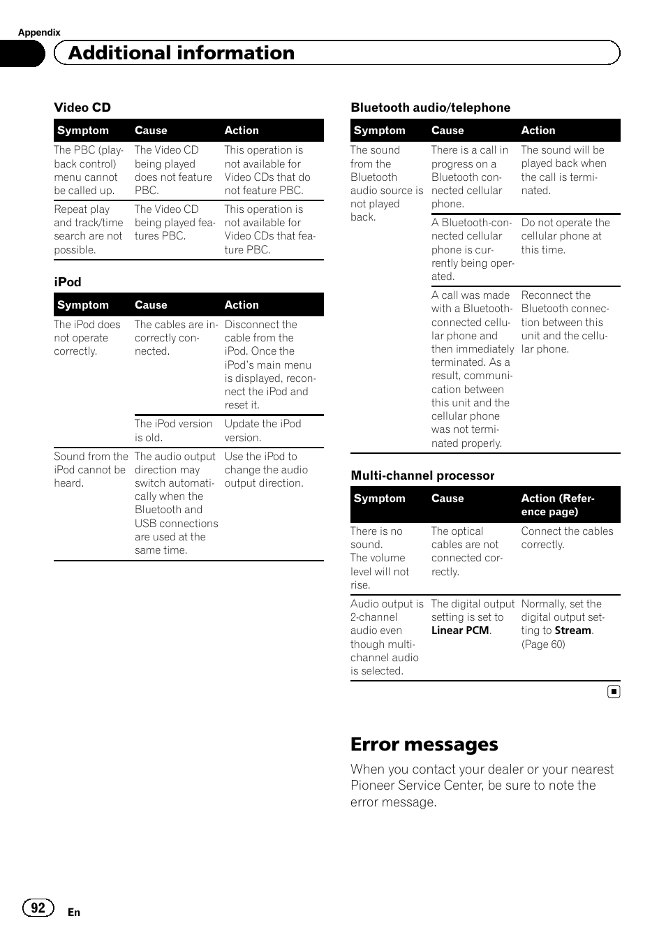 Error messages, Additional information | Pioneer AVH-P3400DVD User Manual | Page 92 / 112