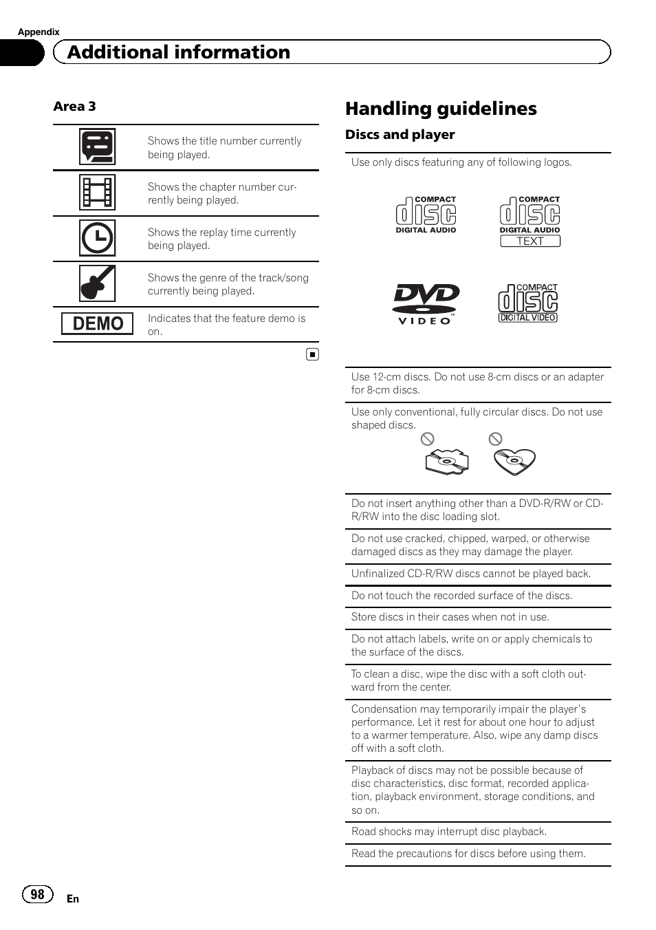 Handling guidelines 98, Handling guidelines, Additional information | Pioneer AVH-P3400DVD User Manual | Page 98 / 112