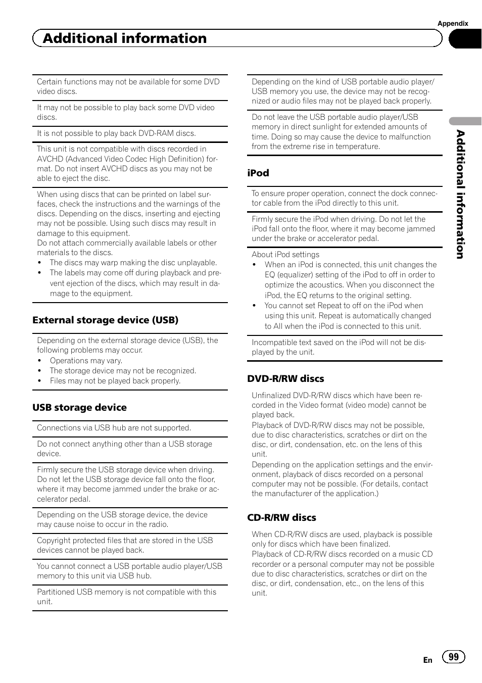 Additional information | Pioneer AVH-P3400DVD User Manual | Page 99 / 112