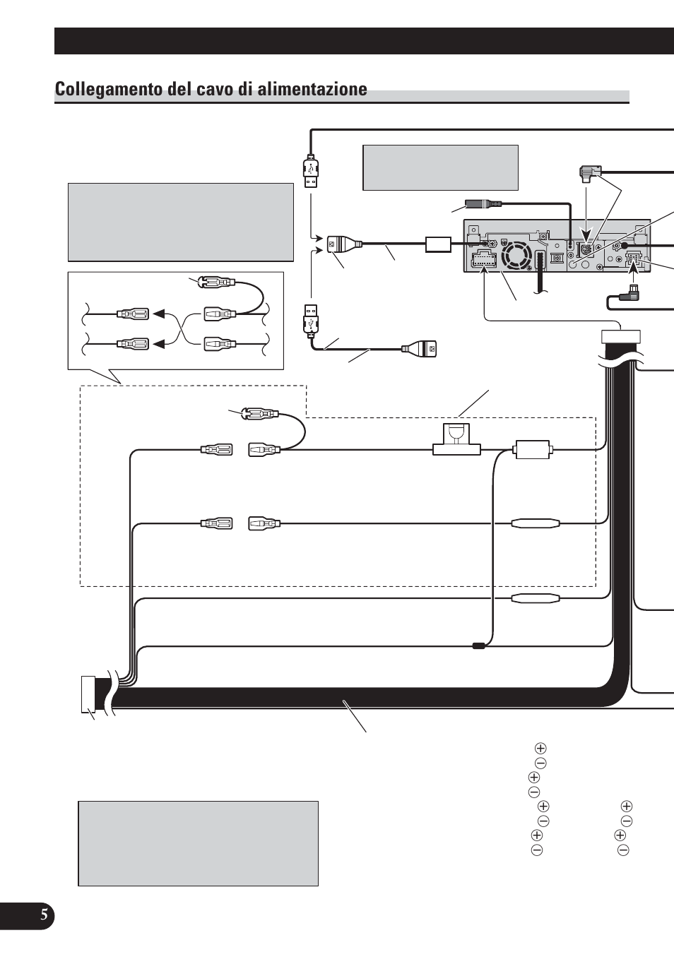 Collegamento del cavo di alimentazione, Collegamento delle unità | Pioneer AVH-P5100DVD User Manual | Page 70 / 98