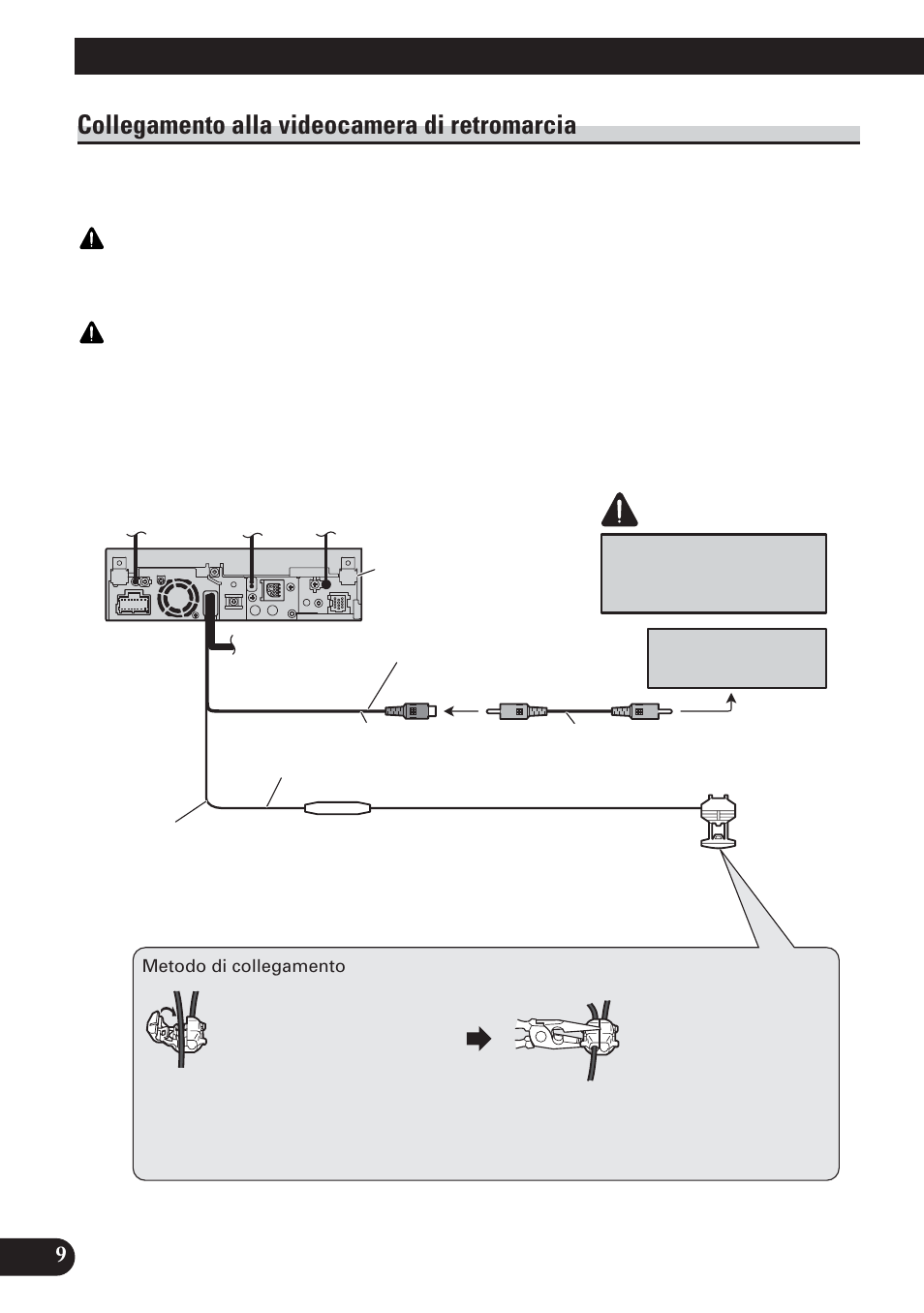 Collegamento alla videocamera di, Retromarcia, Collegamento delle unità | Collegamento alla videocamera di retromarcia, Precauzione | Pioneer AVH-P5100DVD User Manual | Page 74 / 98