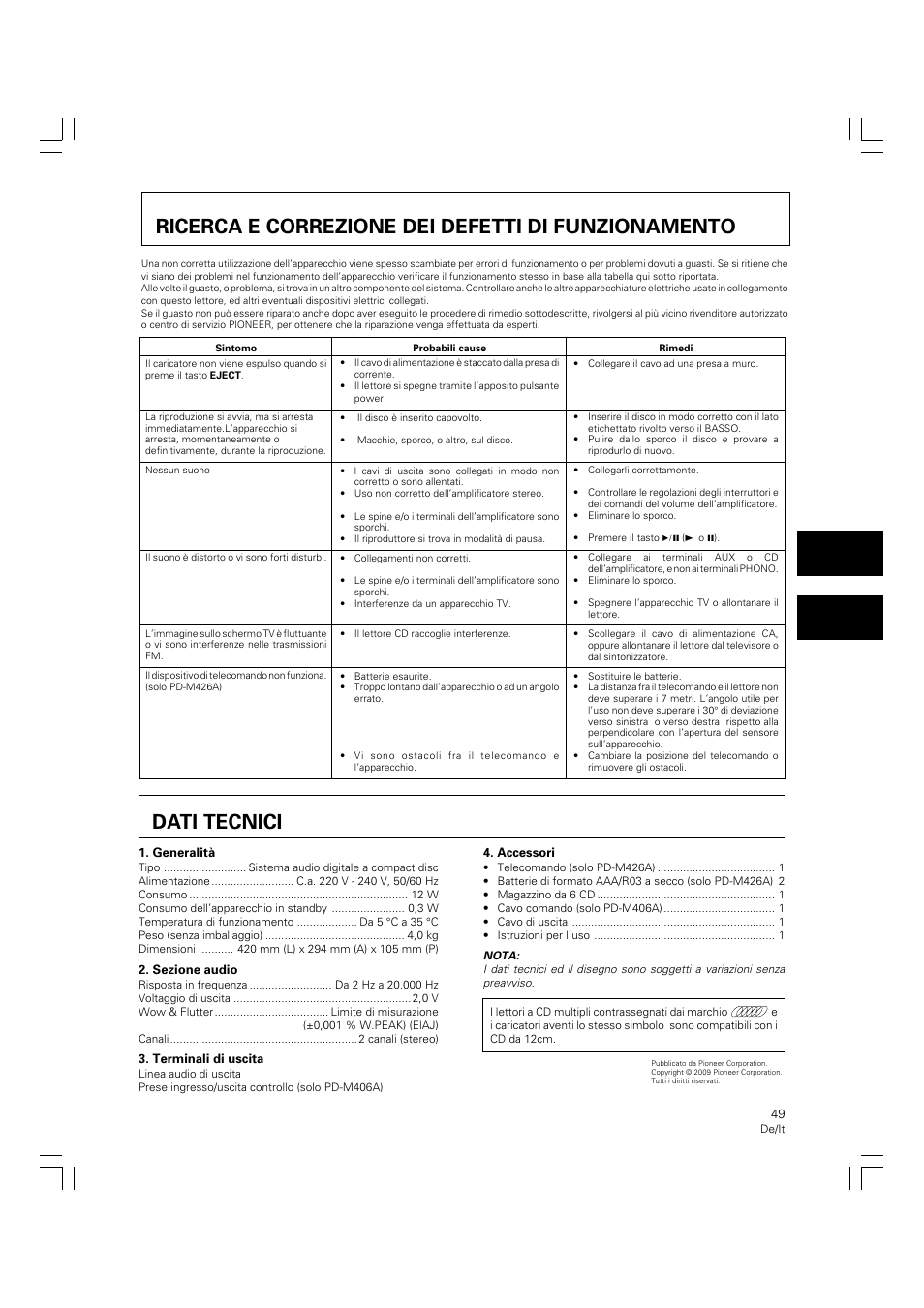 Ricerca e correzione dei defetti, Di funzionamento, Dati tecnici | Pioneer PD-M426A User Manual | Page 49 / 88