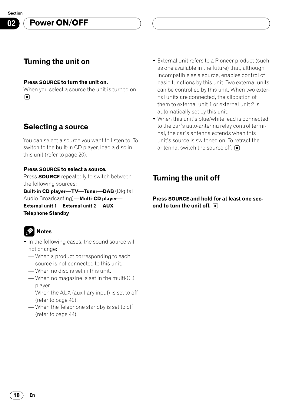 Power on/off, Turning the unit on, Selecting a source | Turning the unit off | Pioneer DEH-P7400MP User Manual | Page 10 / 112