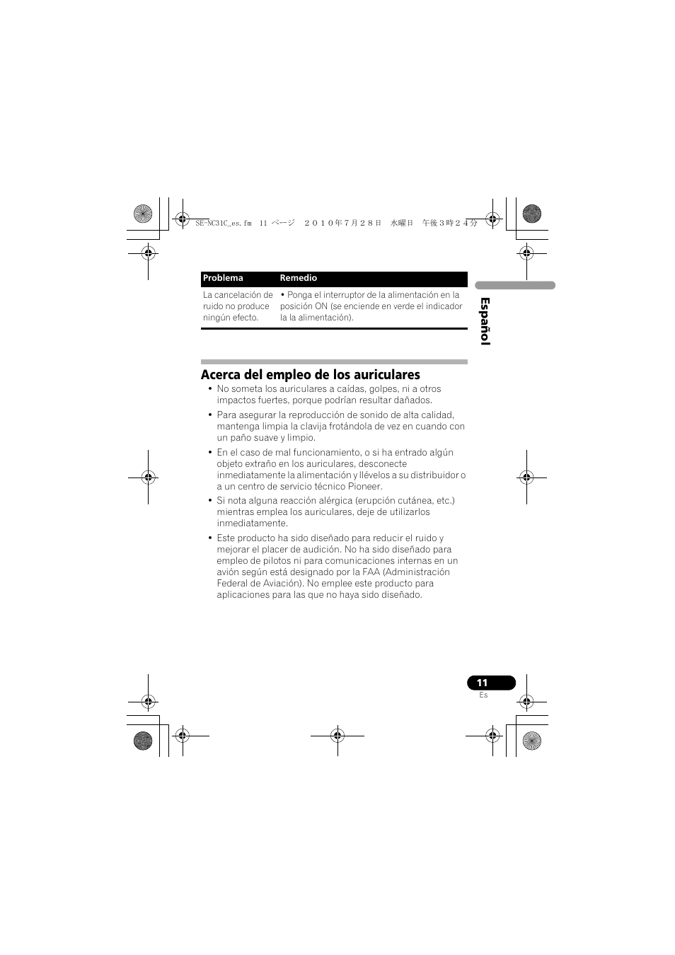 Acerca del empleo de los auriculares | Pioneer SE-NC31C-K User Manual | Page 59 / 196