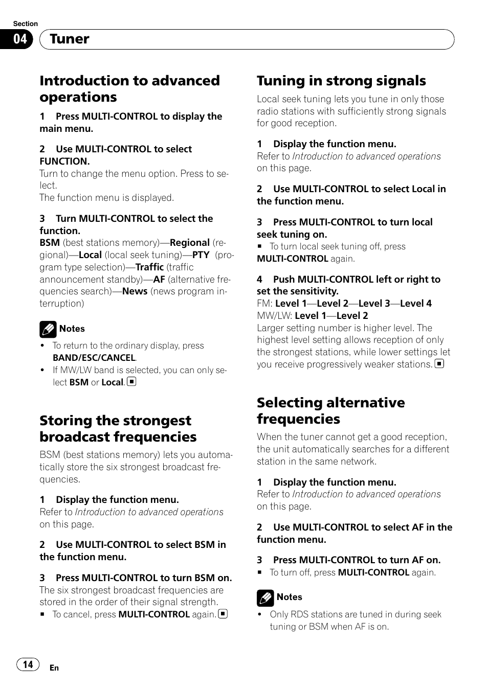 Introduction to advanced operations, Storing the strongest broadcast, Frequencies | Tuning in strong signals, Selecting alternative frequencies, Storing the strongest broadcast frequencies, Tuner | Pioneer DEH-P7100BT User Manual | Page 14 / 69