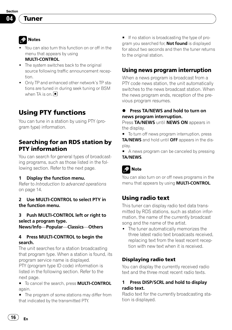 Using pty functions, Searching for an rds station by pty, Information | Using news program interruption 16, Using radio text 16, Tuner, Searching for an rds station by pty information, Using news program interruption, Using radio text | Pioneer DEH-P7100BT User Manual | Page 16 / 69