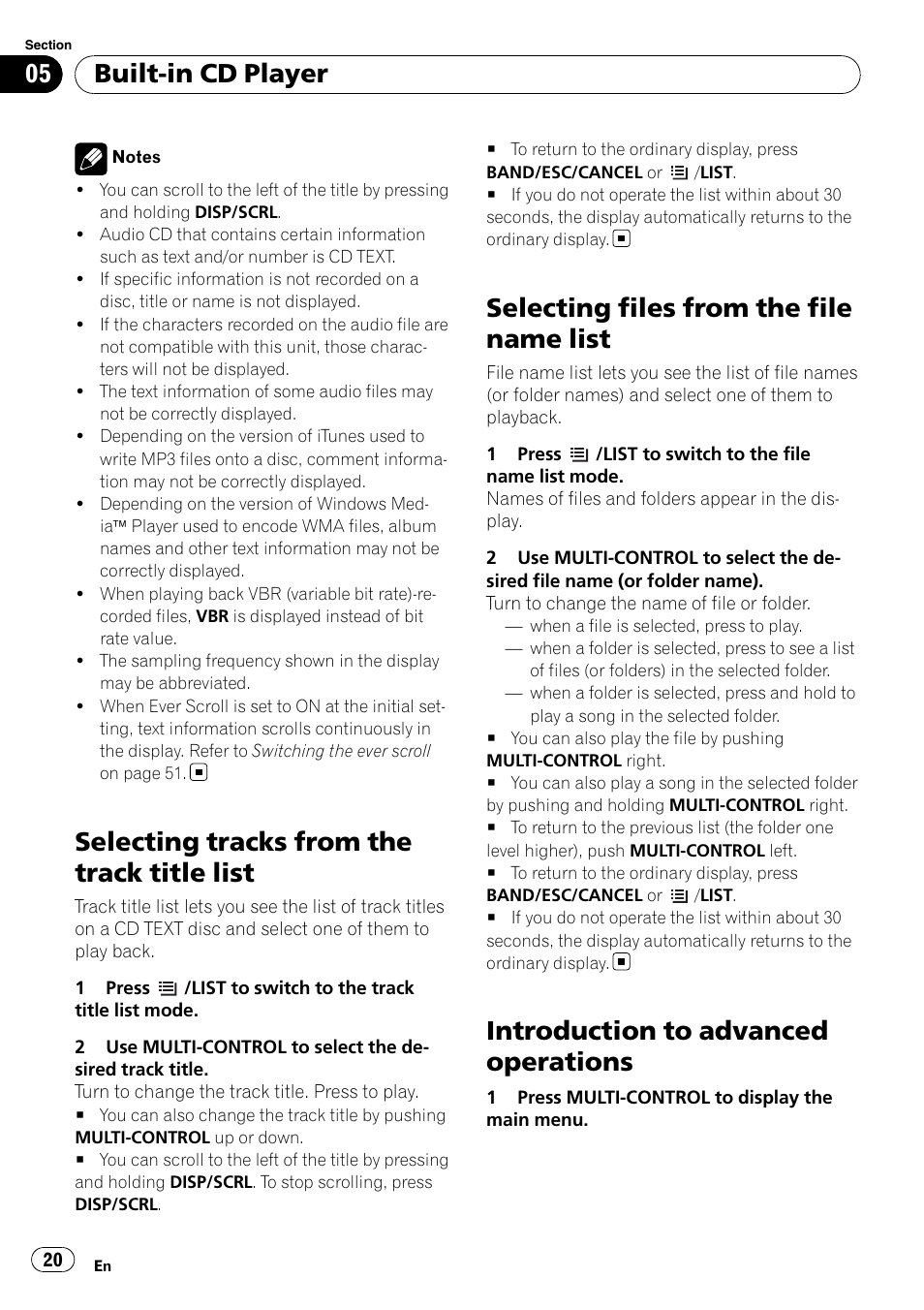 Selecting tracks from the track title list, Selecting files from the file name list, Introduction to advanced operations | Built-in cd player | Pioneer DEH-P7100BT User Manual | Page 20 / 69