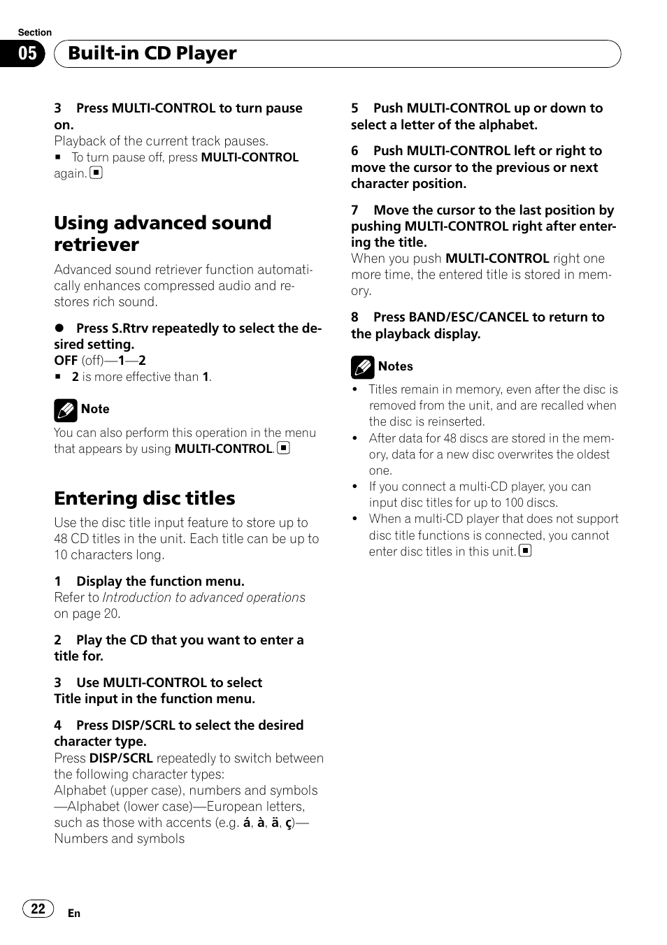 Using advanced sound retriever, Entering disc titles, Built-in cd player | Pioneer DEH-P7100BT User Manual | Page 22 / 69