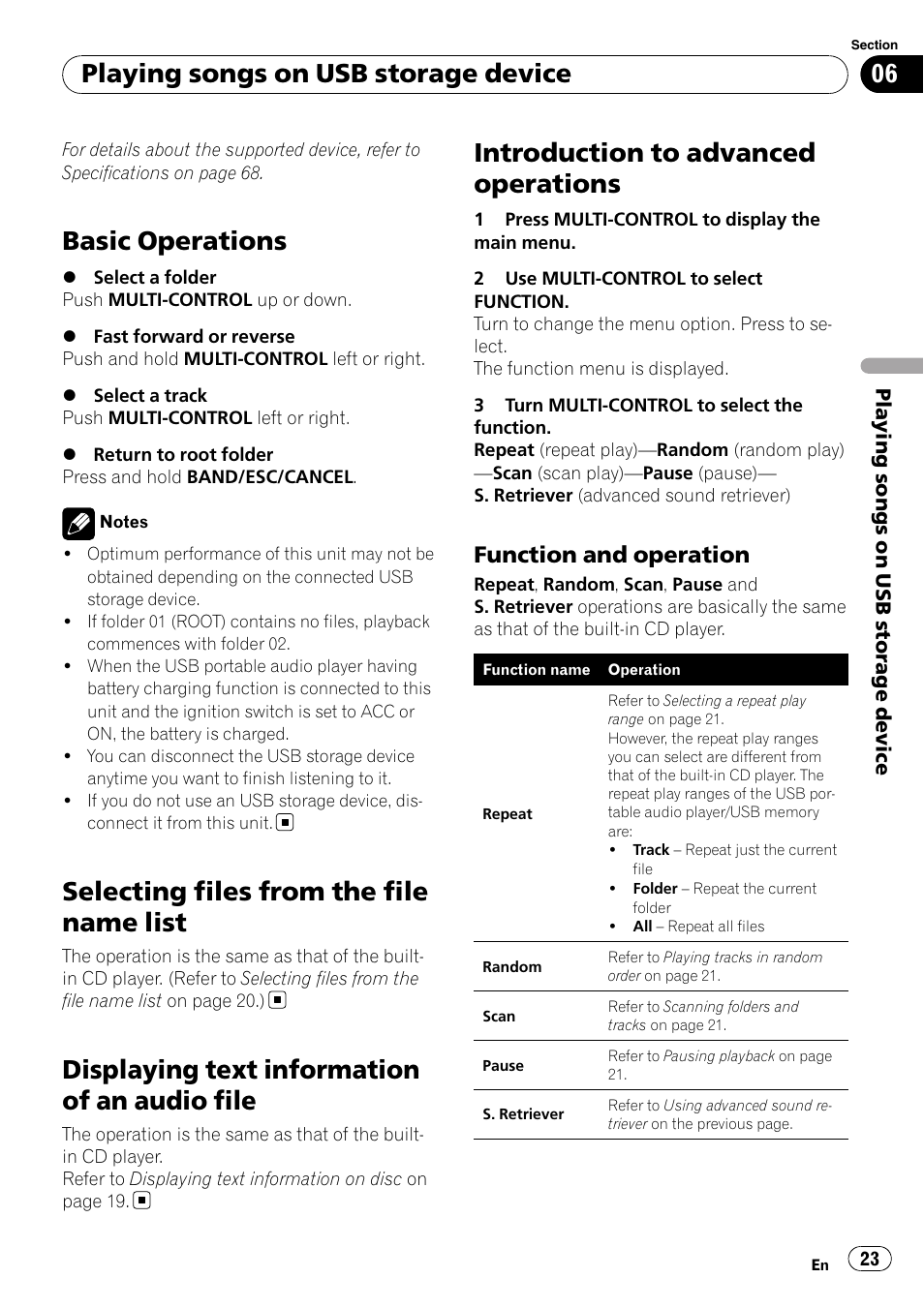 Selecting files from the file name list, Displaying text information of an audio, File | Introduction to advanced operations, Function and operation 23, Basic operations, Displaying text information of an audio file, Playing songs on usb storage device, Function and operation | Pioneer DEH-P7100BT User Manual | Page 23 / 69