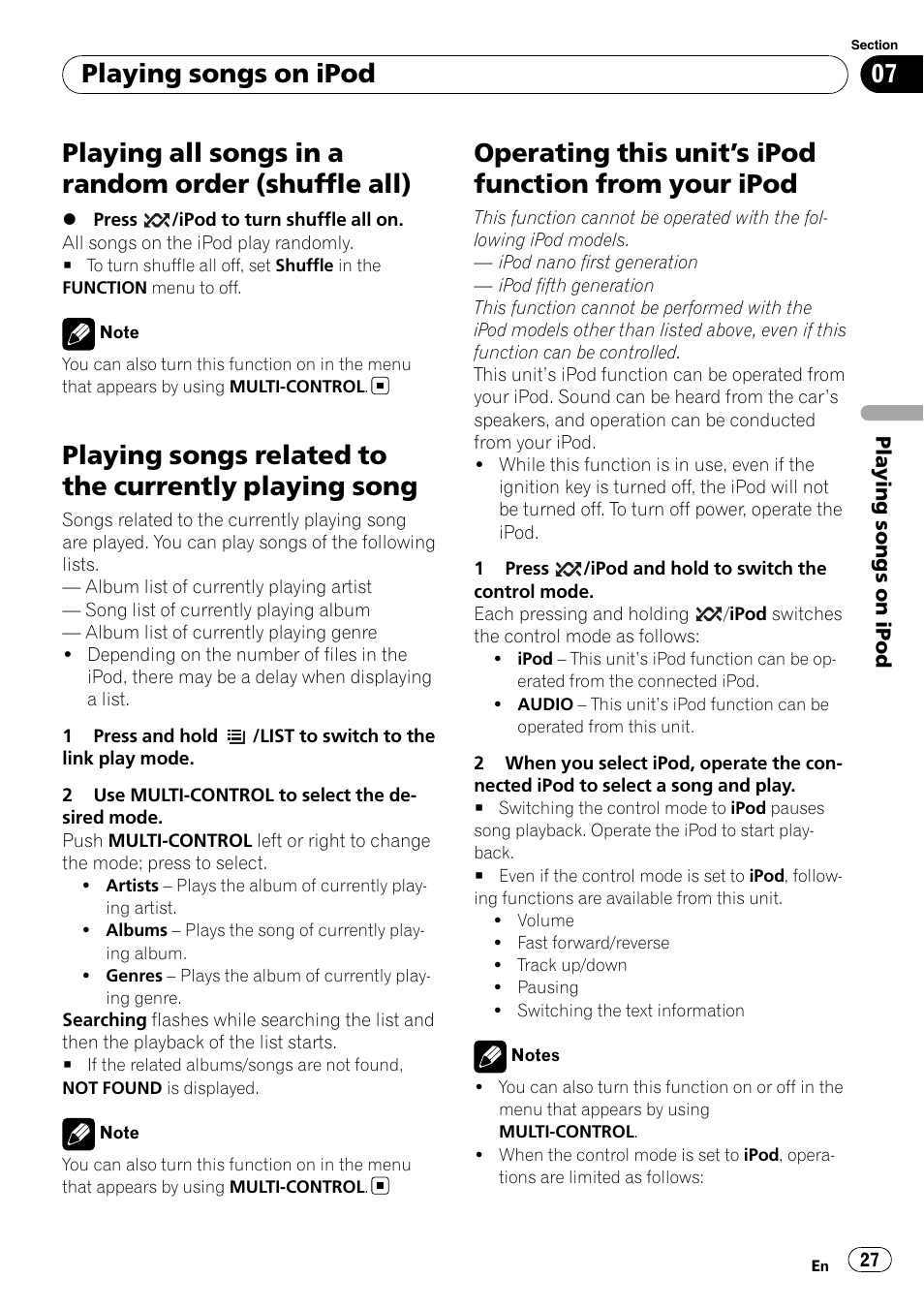 Playing all songs in a random order (shuffle, All), Playing songs related to the currently playing | Song, Operating this unit, S ipod function from your, Ipod, Playing all songs in a random order (shuffle all), Playing songs on ipod | Pioneer DEH-P7100BT User Manual | Page 27 / 69
