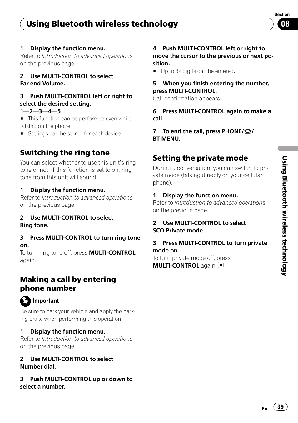 Switching the ring tone 39, Making a call by entering phone, Number | Setting the private mode 39, Using bluetooth wireless technology, Switching the ring tone, Making a call by entering phone number, Setting the private mode | Pioneer DEH-P7100BT User Manual | Page 39 / 69