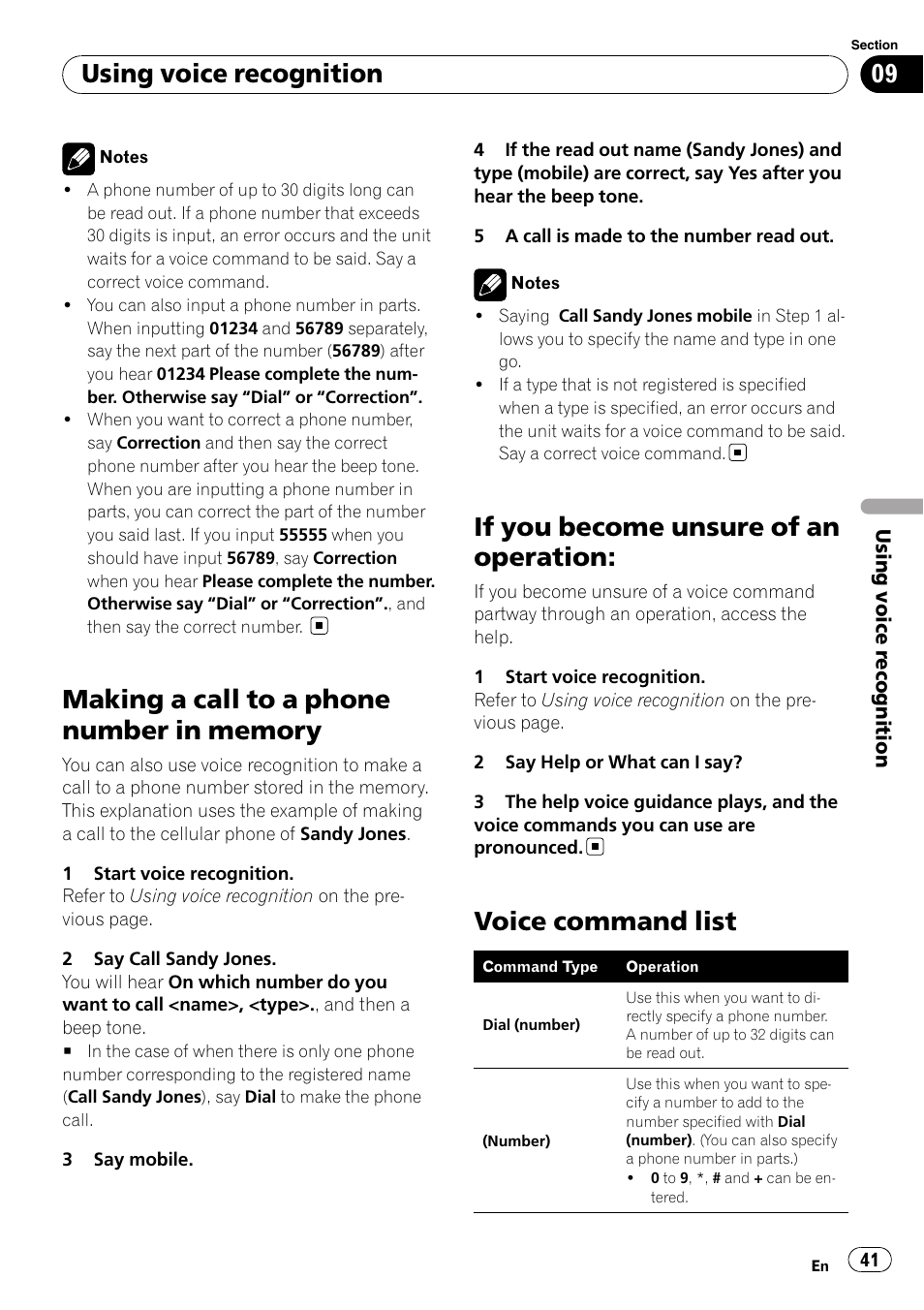 Making a call to a phone number in, Memory, If you become unsure of an operation | Voice command list, The next, Using voice recognition | Pioneer DEH-P7100BT User Manual | Page 41 / 69