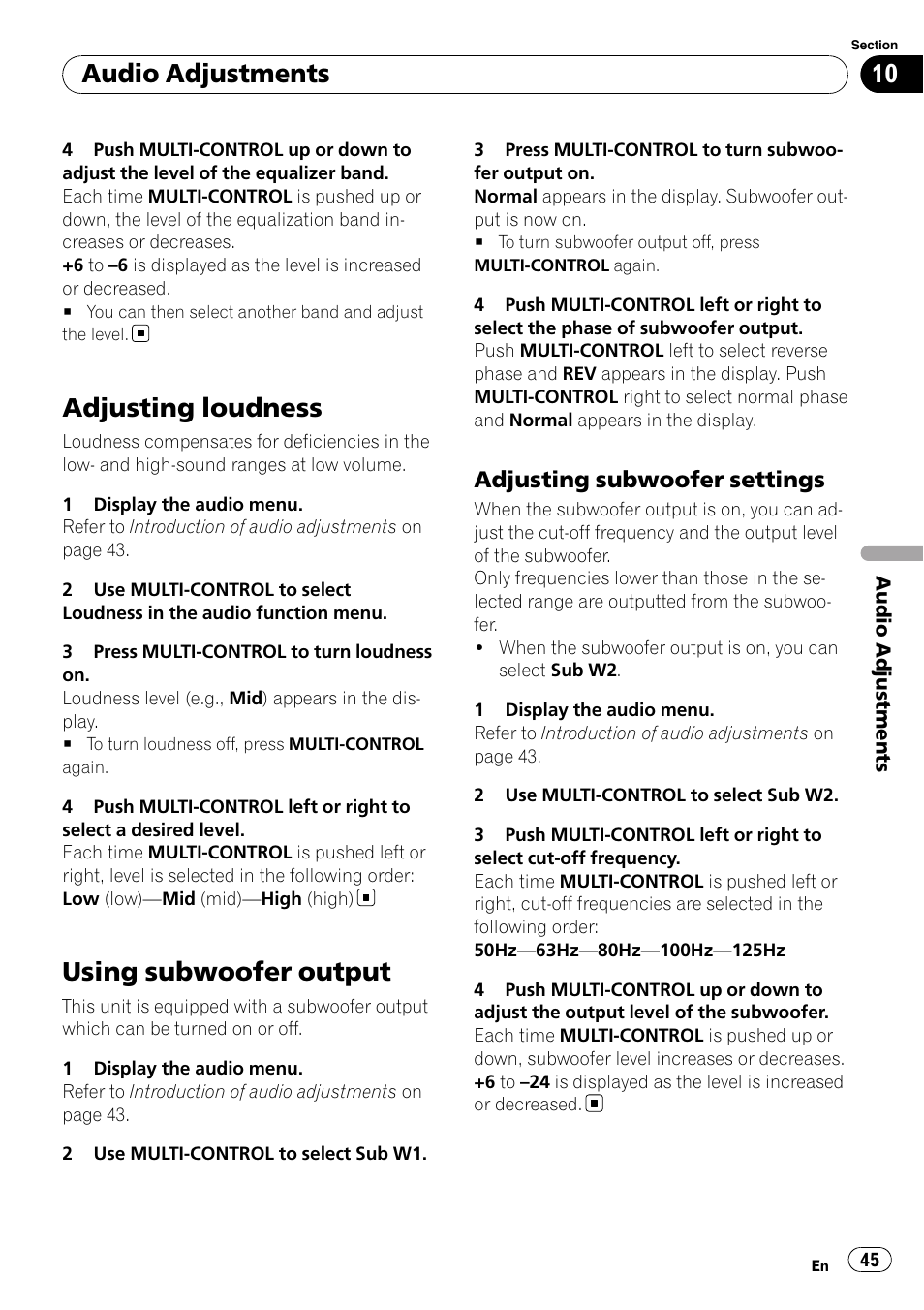 Adjusting loudness, Using subwoofer output, Adjusting subwoofer settings 45 | Audio adjustments, Adjusting subwoofer settings | Pioneer DEH-P7100BT User Manual | Page 45 / 69