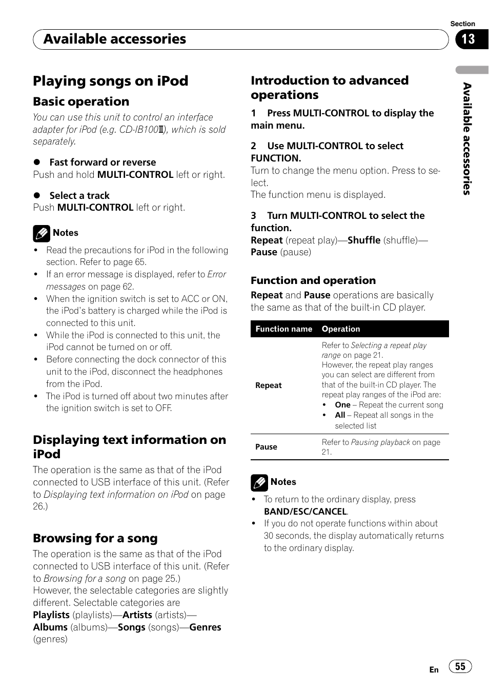 Available accessories playing songs on ipod, Basic operation 55, Displaying text information on | Ipod, Browsing for a song 55, Introduction to advanced, Operations, Playing songs on ipod, Available accessories, Basic operation | Pioneer DEH-P7100BT User Manual | Page 55 / 69