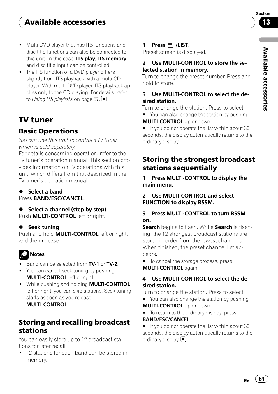 Tv tuner, Basic operations 61, Storing and recalling broadcast | Stations, Storing the strongest broadcast, Stations sequentially, Available accessories, Basic operations, Storing and recalling broadcast stations | Pioneer DEH-P7100BT User Manual | Page 61 / 69