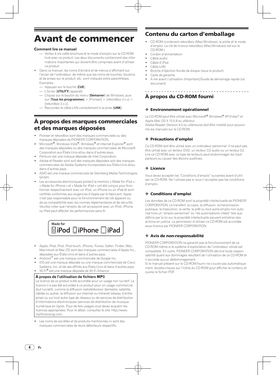 Avant de commencer, Contenu du carton d’emballage, À propos du cd-rom fourni | Pioneer CDJ-2000NXS User Manual | Page 18 / 116