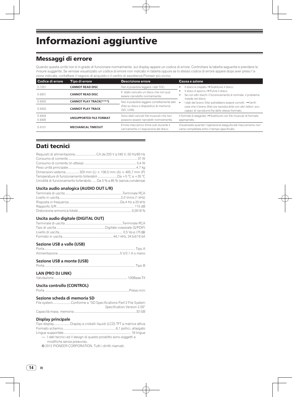 Informazioni aggiuntive, Messaggi di errore, Dati tecnici | Pioneer CDJ-2000NXS User Manual | Page 56 / 116