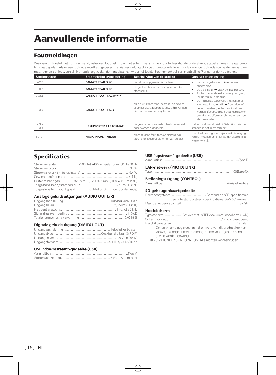 Aanvullende informatie, Foutmeldingen, Specificaties | Pioneer CDJ-2000NXS User Manual | Page 70 / 116