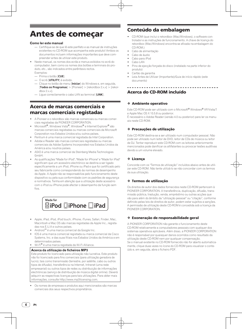 Antes de começar, Conteúdo da embalagem, Acerca do cd-rom incluído | Pioneer CDJ-2000NXS User Manual | Page 88 / 116