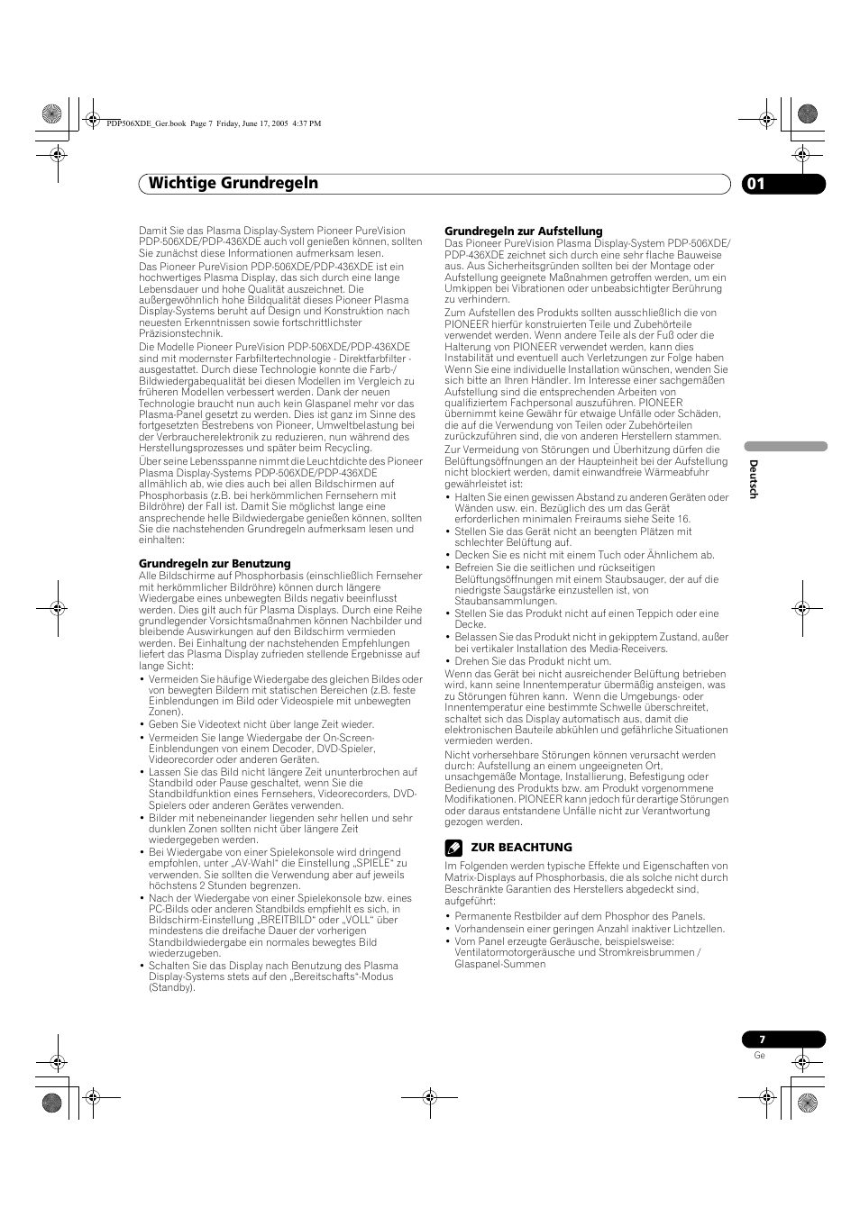 01 wichtige grundregeln, Wichtige grundregeln 01, Wichtige grundregeln | Pioneer PDP-506XDE User Manual | Page 163 / 236