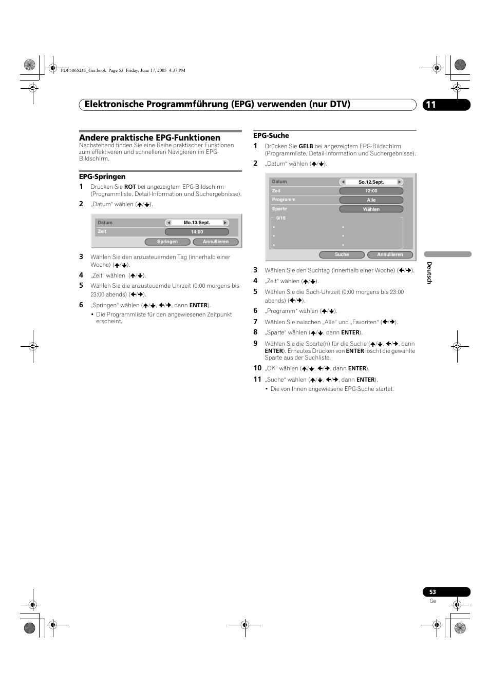 Andere praktische epg-funktionen, Epg-springen epg-suche | Pioneer PDP-506XDE User Manual | Page 209 / 236