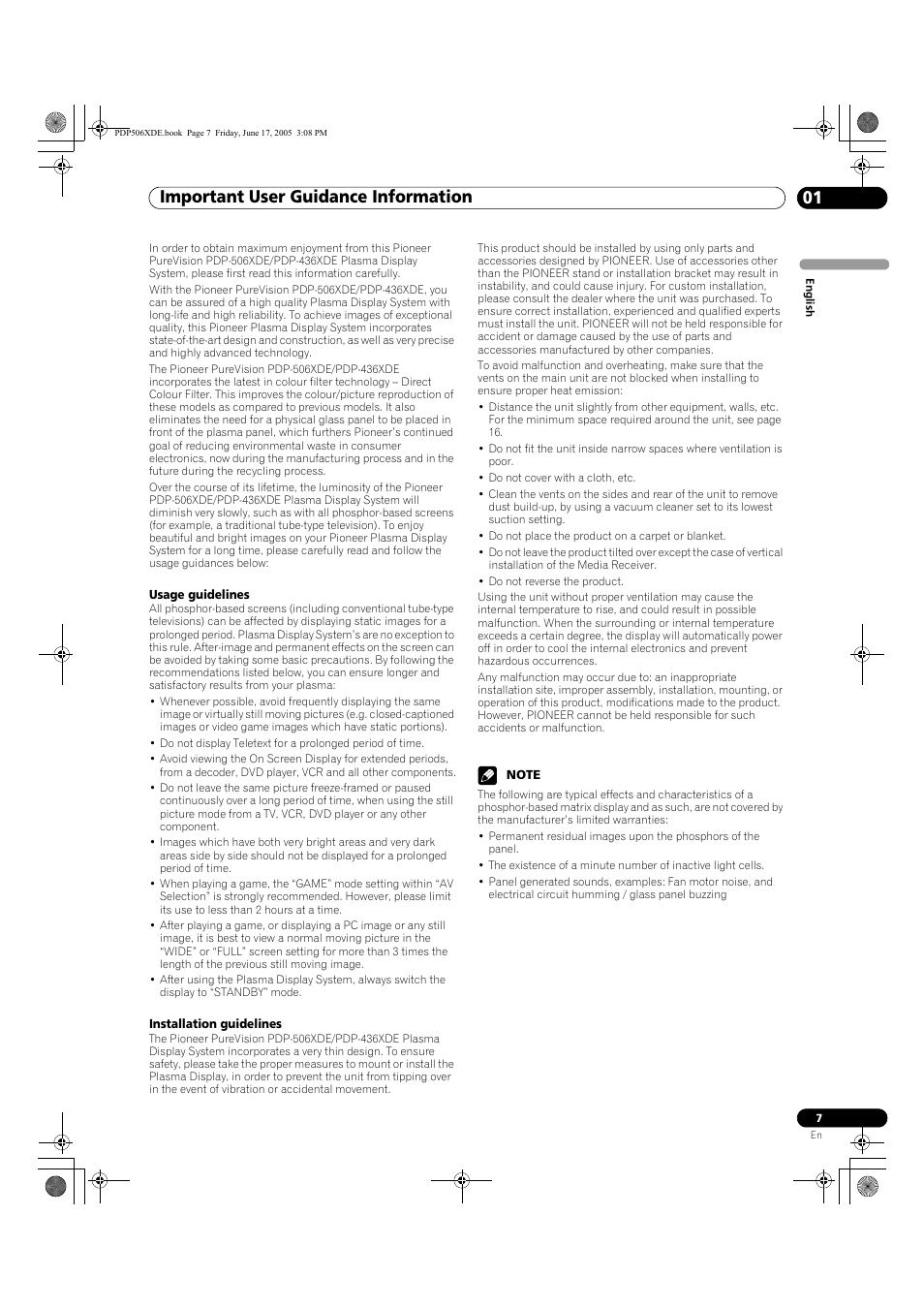 01 important user guidance information, Important user guidance information 01, Important user guidance information | Pioneer PDP-506XDE User Manual | Page 7 / 236