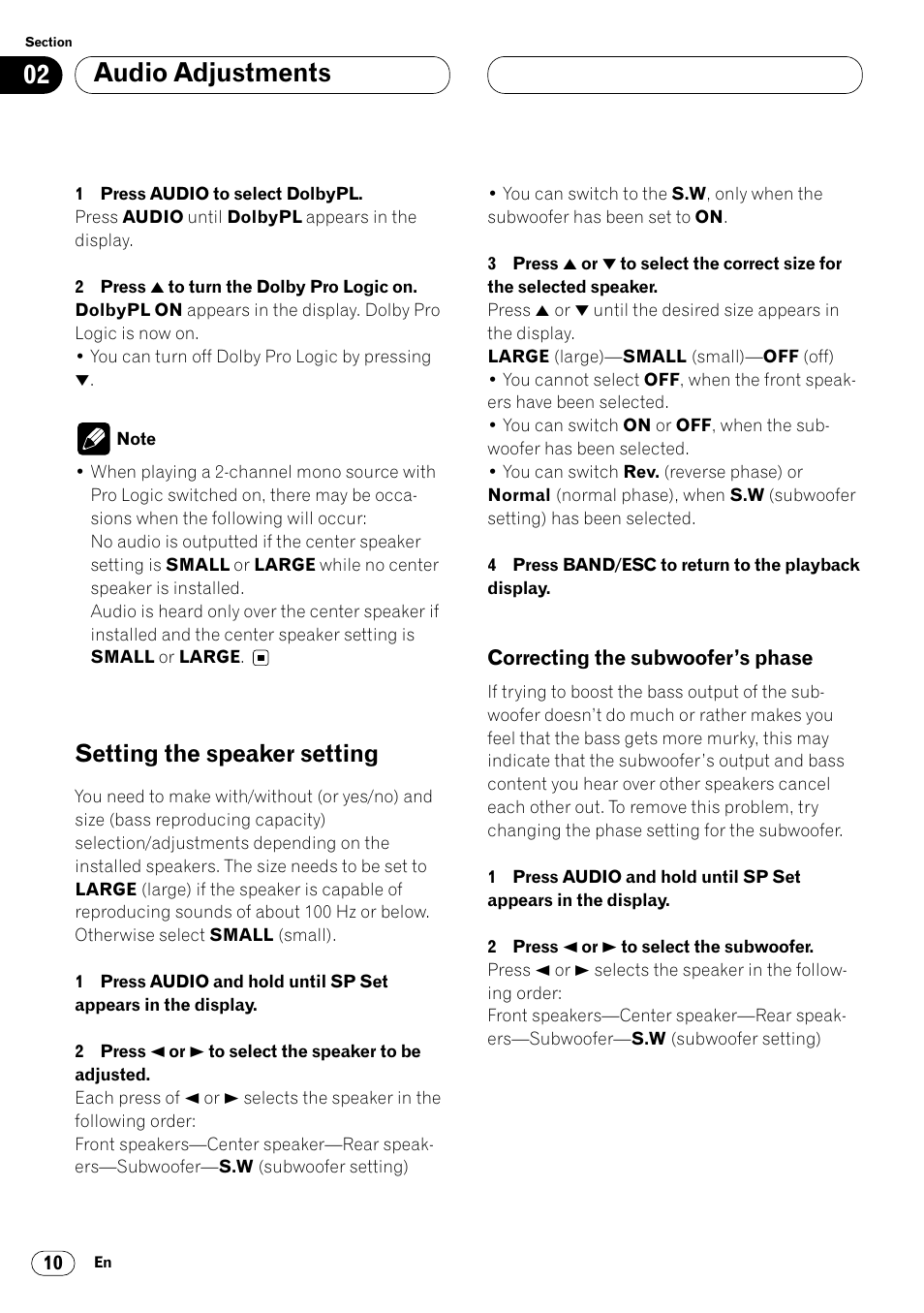 Setting the speaker setting 10, Correcting the subwoofer’s phase 10, Audio adjustments | Setting the speaker setting | Pioneer DEQ-P7000 User Manual | Page 10 / 112