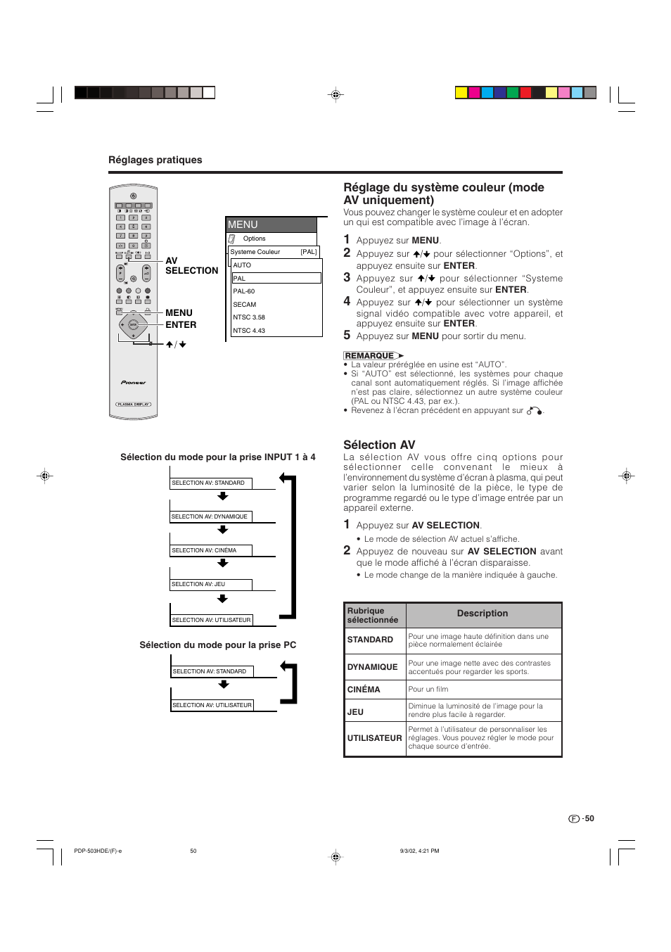 Réglage du système couleur (mode av uniquement), Sélection av | Pioneer PDP-503HDE User Manual | Page 116 / 194