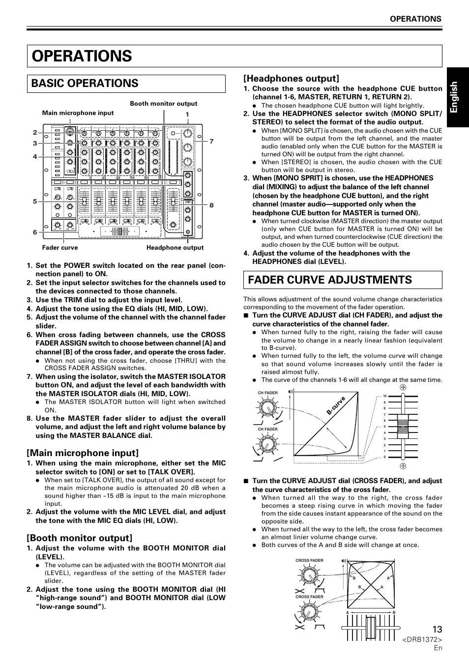 Operations, Basic operations fader curve adjustments, Fader curve adjustments | Basic operations, English, Main microphone input, Booth monitor output, Headphones output | Pioneer DJM-1000 User Manual | Page 13 / 98